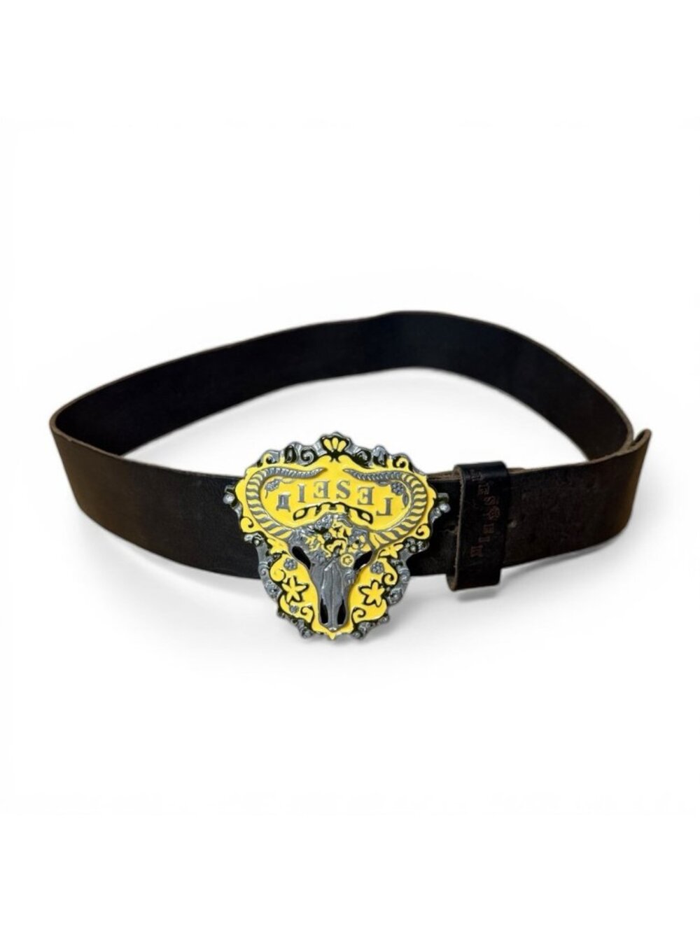 Vintage Y2K Diesel Leather Belt Size 34 Made in Italy Western Bull Skull - Picture 9 of 9
